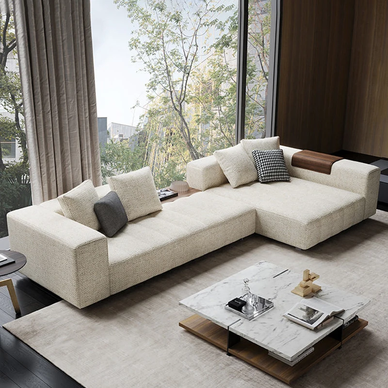 Villa Wide Seat Fabric L-shaped Sofa Modern Cream White Living Room Corner Sofa Popular Cloud Couches Wooden Frame L-shape Sofa